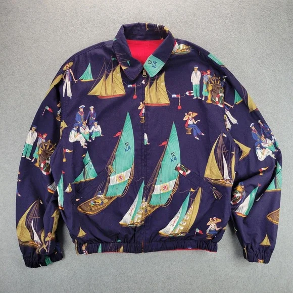 VTG Tommy Hilfiger Reversible Nautical Sailboat Bomber Jacket Red Navy Mens M - Picture 1 of 13